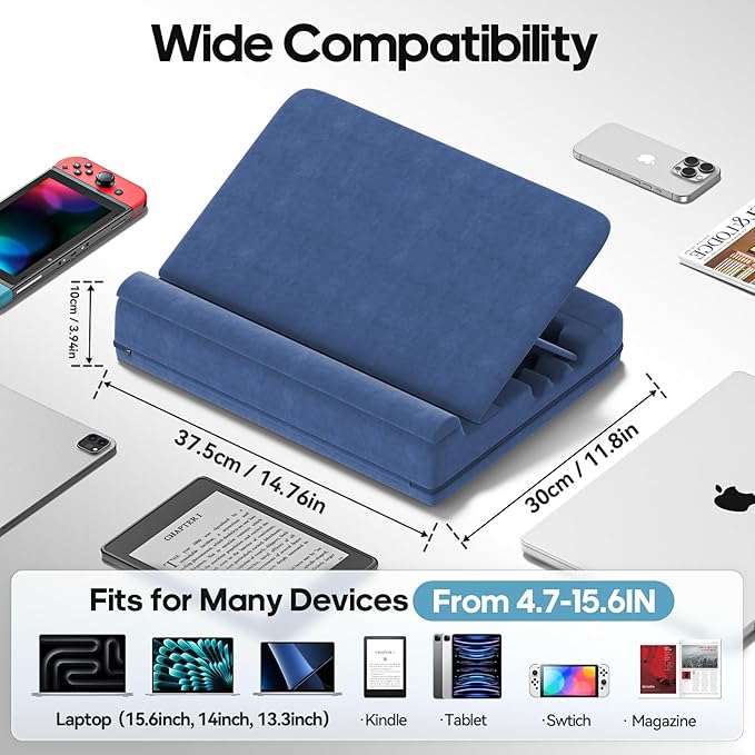 Laptop & Tablet Desk for Lap with Cushion, Computer Lap Desk Laptop Pillow for Couch, Bed, Car, Adjustable Computer Pillow Stand As Carrying Case for up to 15'' PC/Mac, Tablet, iPad, Kindle, Blue