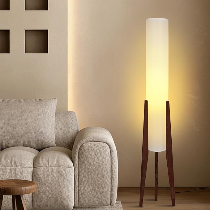 Wabi-sabi 50" Wooden Tripod Floor Lamp Linen Floor Lamp Paper Lantern Inspired Fabric Standing Lamp With E26 3-Color Temperatures Solid Wood Tall Light For Living Room Bedroom (Includes Bulb)