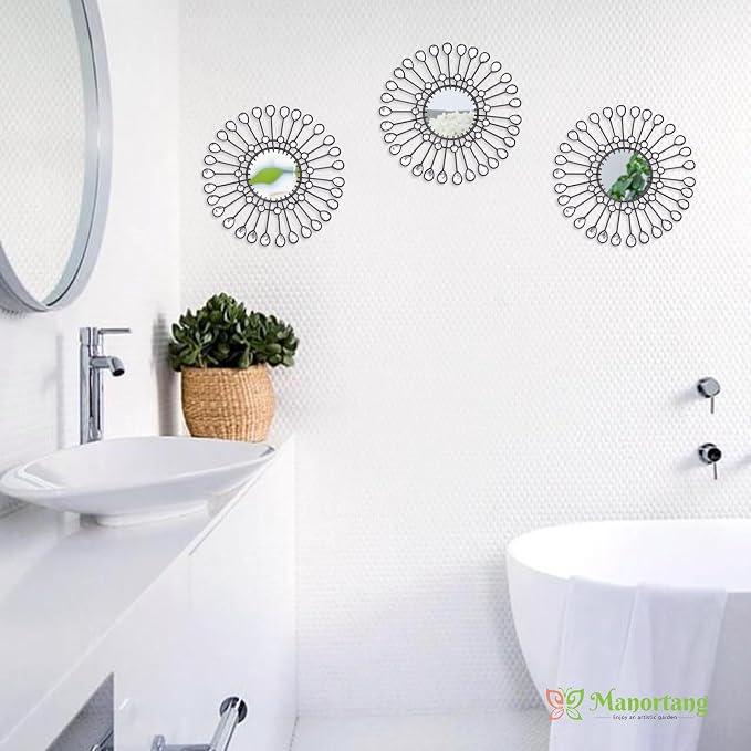 Black Mirrors 3 Piece, Sunburst Mirror Hanging Wall Decor, 9 inch Decorative Mirrors Wall Art, Rhinestone Round Mirror for Bedroom, Valentine, Kitchen, House Warming Valentine Gifts