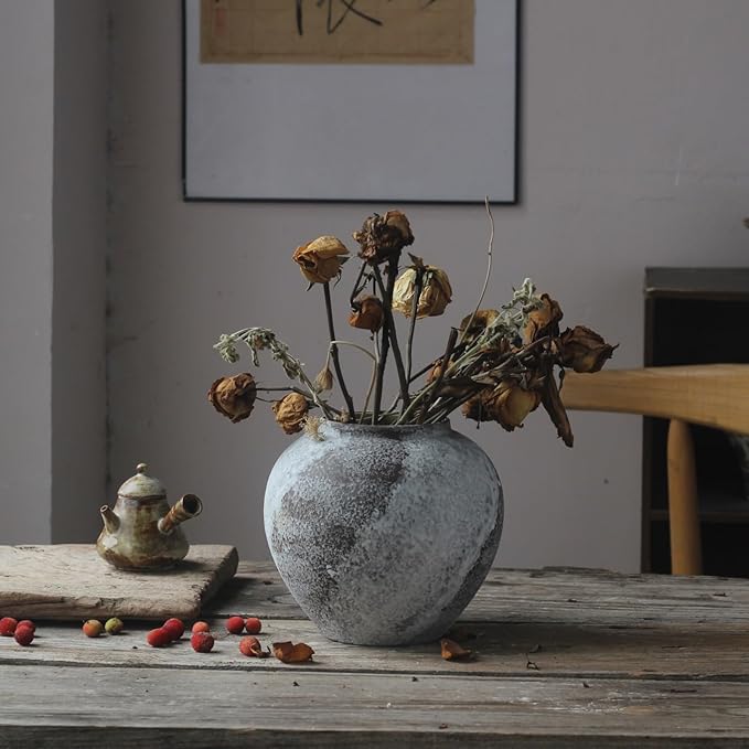 Rustic Distressed Large Ceramic Vase, 8.6 inch Terracotta Pottery Tall Decorative Vases, Concrete Vases Clay Stone Antique Big Vase for Home Decor (Round 8.6 in X 8 in)