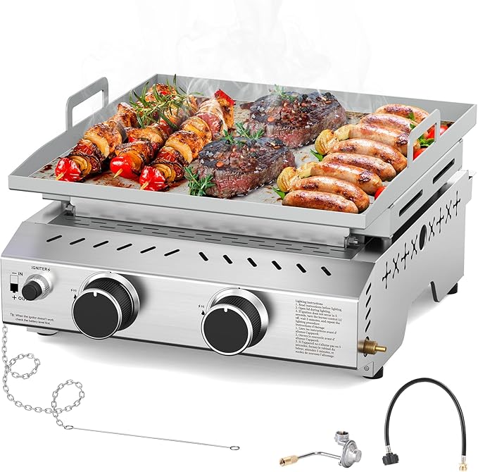 Electactic Portable 2 Burner Flat Top Grill, 23" Table Top Gas with Handle, 333 Sq. In. Cooking Area, 16000 BTU Outdoor Griddle for Kitchen, BBQ, Camping, Stainless Steel