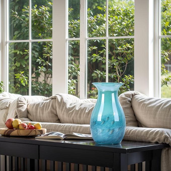 11.4" Tall Teal Glass Vase for Flowers, Hand Blown Gradient Decorative Vase for Home Decor, Centerpiece, Dining Table, Shelf, Mantel, Bathroom, Entryway, Countertop, Gift for Friends