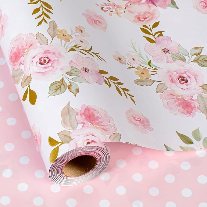 Burymento Pink Flower Wrapping Paper, Reversible Pink Wave Point Gift Wrap for Birthday, Valentines, Mothers day, Graduation, Wedding, Fathers day, Baby Shower, Christmas (17in x 32.8ft)