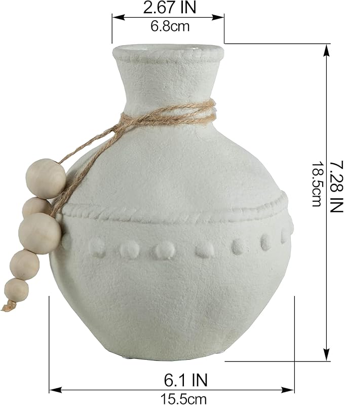Rustic Ceramic Vase with Boho Wooden Beads, Matte Decorative Pottery for Modern Farmhouse and Bohemian Decor, Floral Arrangements, Living Room, Dining Table Centerpieces