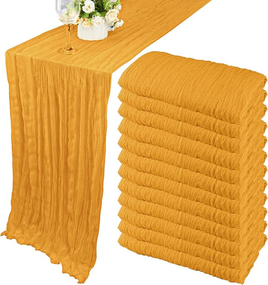 12 Pack 10Ft Cheesecloth Table Runner 35x120 Inch Boho Gauze Table Runner Rustic Cheese Cloth Long Romantic Table Runners for Wedding Bridal Shower Birthday Party Table Decor (Mustard)