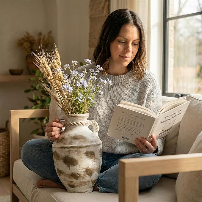 Rustic Ceramic Flower Vase Home Decor, 11 inch Large Pottery Decorative Vase for Centerpieces, Modern Farmhouse Vintage Vase for Dining Table, Living Room,Kitchen, Shelf (Round)