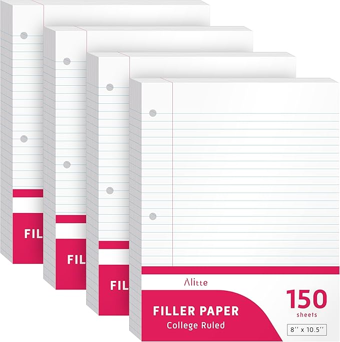 Alitte Loose Leaf Paper, College Ruled, 600 Sheets (150/Pack) Filler Paper for Writing Notes - School, College, Office 3 Hole-Punch Lined Sheets for Ring Binders, Pocket Folders - White, 8 x 10.5