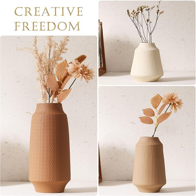 Ceramic Vase Set of 3 - Handcrafted Ceramic Vases for Home Decor & Shelf - Modern Farmhouse Decor for Kitchen, Office, Bedroom & Living Room Decorative Objects for Mantel, Table Centerpieces
