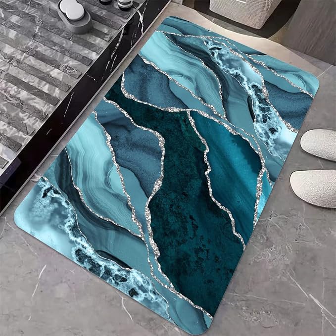 Diatomaceous Earth Bath Mat,Blue and Silver Marble Non-Slip Volume Super Absorbent Fast Drying for Bathroom Kitchen Door mat,Eco-Friendly Easy to Clean 17×27.5Inch (43 * 70cm)