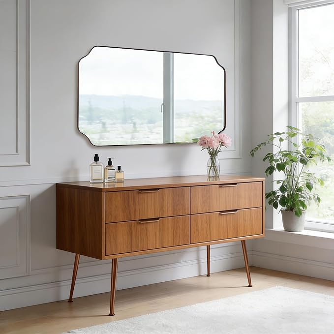 ANDY STAR 30"x48" Brushed Bronze Rectangle Mirror, Large Scalloped Bathroom Mirror in Premium Stainless Steel Frame, Timeless Shape with Unique Flair, Ideal for Home Remodel (Vertical/Horizontal)