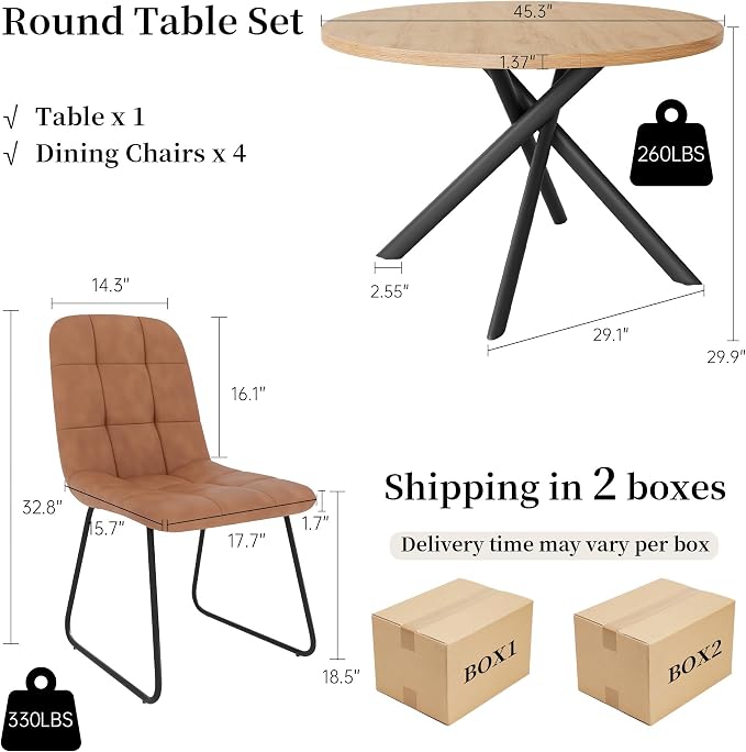 HIPIHOM 45.3 Inch Round Dining Table Set for 4, Mid Century Modern Small Kitchen Coffee Set for Dining Room Kitchen Apartment (Oak Table + 4 U-Shaped Brown Chairs)