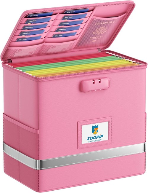 Fireproof File Box - Secure Document Storage Organizer with Lock | Collapsible, Pink, Letter Size