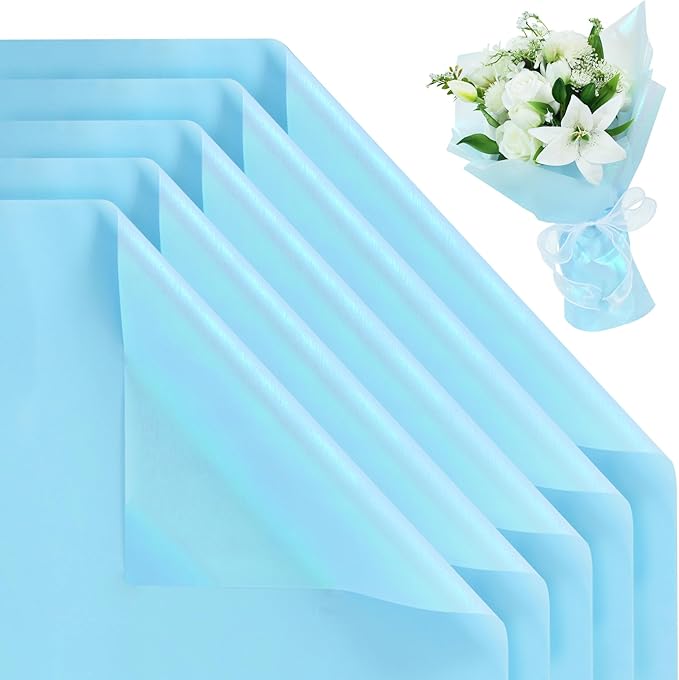 BEISHIDA 20 PCS Blue Floral Wrapping Paper-Iridescent Waterproof Flower Wrapping Paper Bouquet for Florist Supplies, DIY Crafts, Gift Packaging, Wedding, Birthday Gift