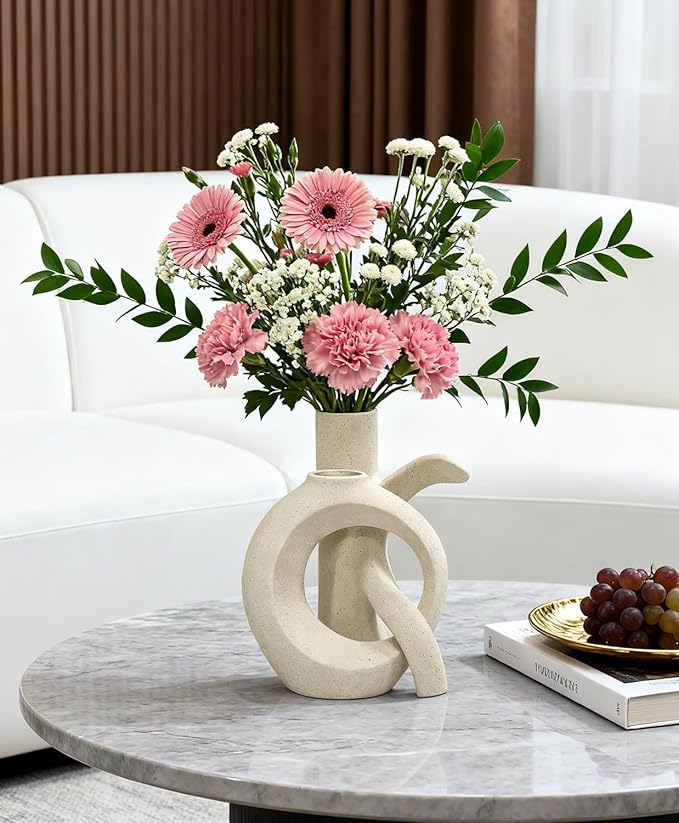 White Ceramic Unique OK Vase Set of 2, Cute Pampas Grass Funky Vase, Modern Boho Aesthetic Decorative Vase for Home Decor (White 1)