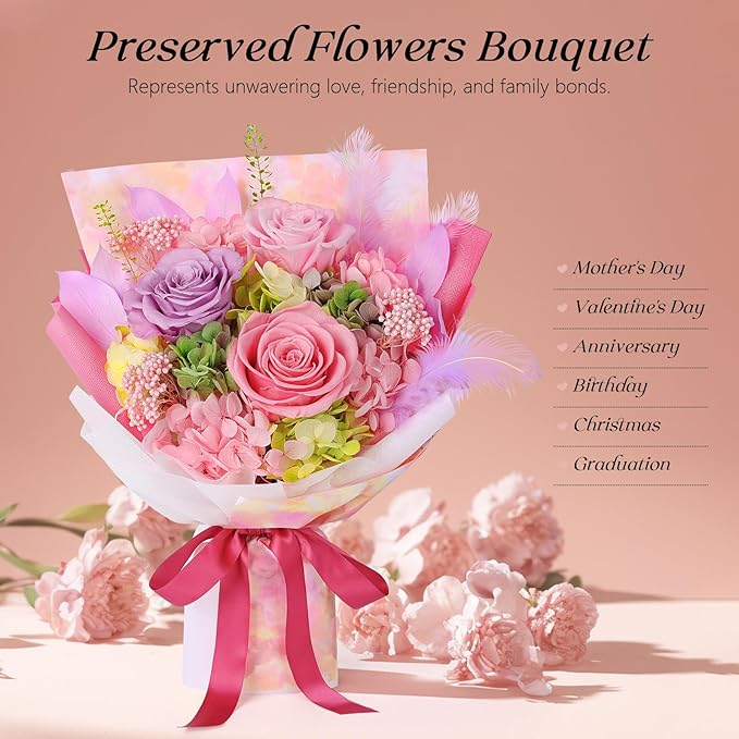 Preserved Flowers Bouquet 3 Roses - Pink Real Rose & Flowers for Delivery, Long-Lasting Flower with Gift Box, Eternal Roses Bouquet for Mothers, Mom, Wife Anniversary Birthday Gifts for Women and Her