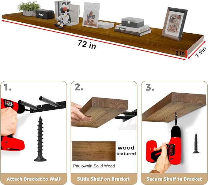 IAE Walnut Floating Wall Shelves 72 inch, Bathroom Shelf Wall Mounted,Invisible Shelf Floating Kitchen Shelving,Wooden Wall Shelves with Brackets for Living Room Wall Mounted,Easy Install,Set of 2