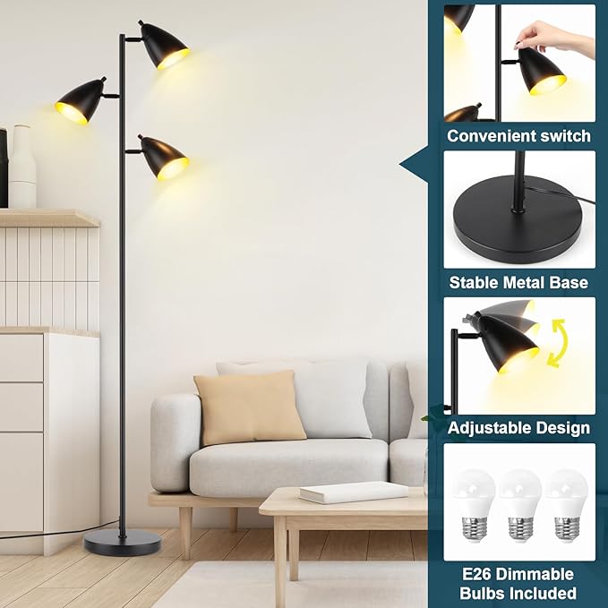 LALISU Tree Floor Lamp for Living Room, Industrial 3-Light Standing Lamp with 3 LED Bulbs, Adjustable Rotation Heads, Standing Tall Pole Lamp Farmhouse Rustic Reading Lamps for Bedroom Office (Black)