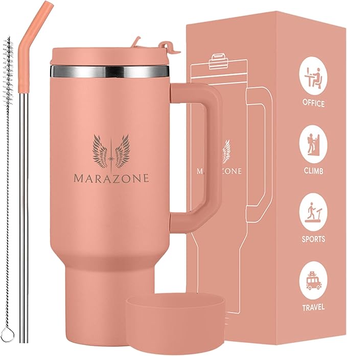 40 oz Insulated Tumbler with Handle and Straw – Double Wall Stainless Steel Vacuum Cup | Car Cup Holder Fit | Hot Cold Travel Mug | BPA Free Reusable Water Bottle Gift for Her (Sunset Pink)