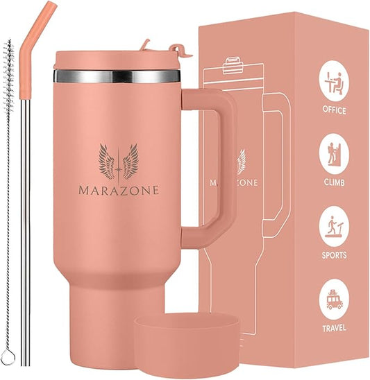 40 oz Insulated Tumbler with Handle and Straw – Double Wall Stainless Steel Vacuum Cup | Car Cup Holder Fit | Hot Cold Travel Mug | BPA Free Reusable Water Bottle Gift for Her (Sunset Pink)