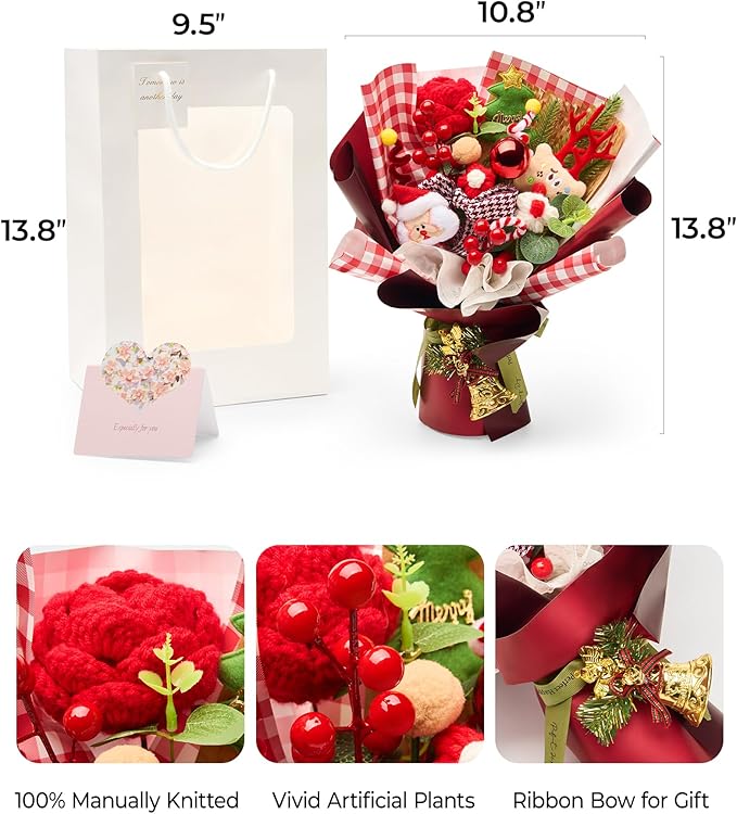 Christmas Crochet Flower Bouquet, Handmade Knitted Flowers with Rose Holly, for Lover Mother Women Family Friends, Lasting Holiday Home Decor