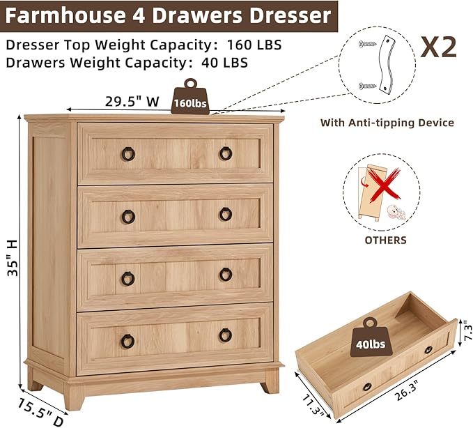 Farmhouse 4 Drawer Dresser for Bedroom, 35" Tall Small Dressers & Chest of Drawers, Rustic Wood Dresser with Metal Handle, Storage Organizer Closet for Living Room, Hallway, Entryway