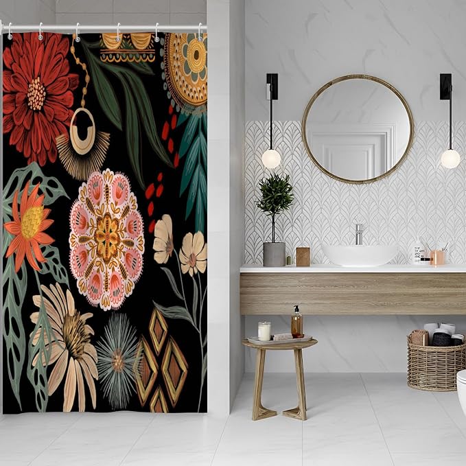Black Boho Floral Shower Curtain Abstract Botanical Mid Century Modern Bathroom Decor Tropical Flower Shower Curtain with 6 Hooks,36x72 inches