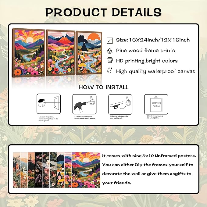 Nature Landscape Boho Wall Art Set of 3 12x16In Wood Framed,with 9 Bonus 8x10 Posters Prints, Abstract Ridge River Sunset Floral Canvas Paintings for Living Room Bedroom Office