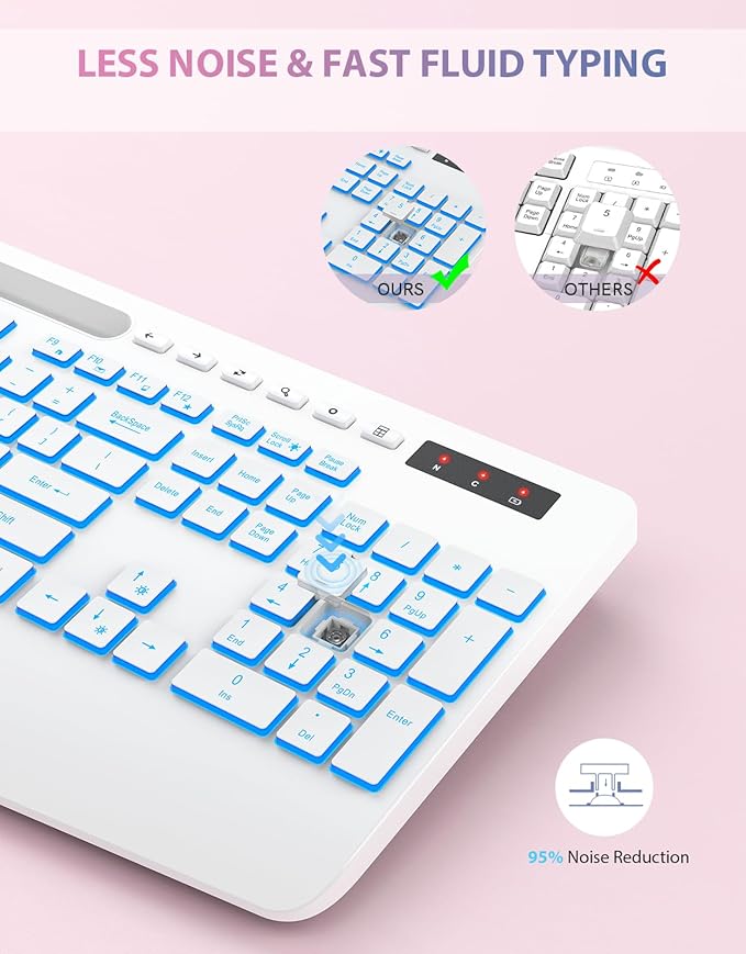 Trueque Wireless Keyboard with 7 Colored Backlits, Phone Holder, Wrist Rest, Rechargeable Ergonomic Keyboard with Silent Light Up Keys, Cordless Computer Keyboard for Windows, Mac, Laptop - (White)