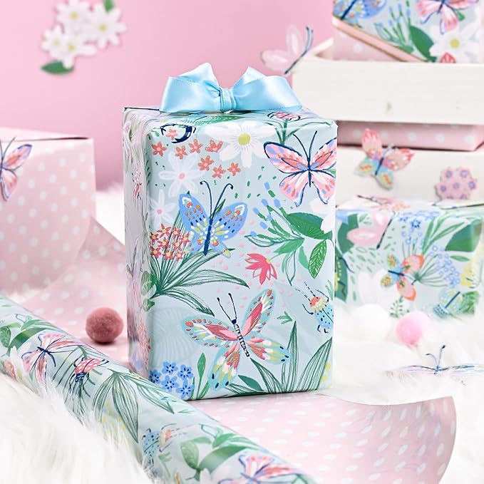 Burymento Reversible Butterfly and Floral Design Wrapping Paper Roll - Pink and white polka dot design on the other side, suitable for Valentine's Day, Birthday, Mother's Day, Wedding, Baby Shower