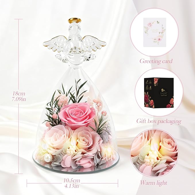 Casaido Christmas Rose Gifts for Women, 7" Pink Preserved Roses Flowers in Glass Angel Figurine, Birthday Gift for Mom Wife Grandma, Eternal Rose for Mothers Day Valentines Anniversary
