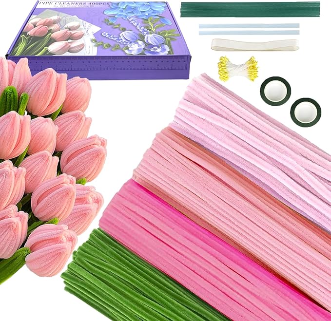 Pipe Cleaners Flower Craft Kit,Chenille Stems Craft DIY Bouquet Making Set with Floral Wires, Gardening Tape, Stamens & Ribbon for Home Decor-Holiday Decorations,Gifts - 400 Pcs (Pink)
