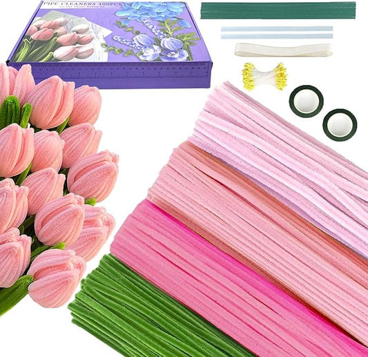Pipe Cleaners Flower Craft Kit,Chenille Stems Craft DIY Bouquet Making Set with Floral Wires, Gardening Tape, Stamens & Ribbon for Home Decor-Holiday Decorations,Gifts - 400 Pcs (Pink)