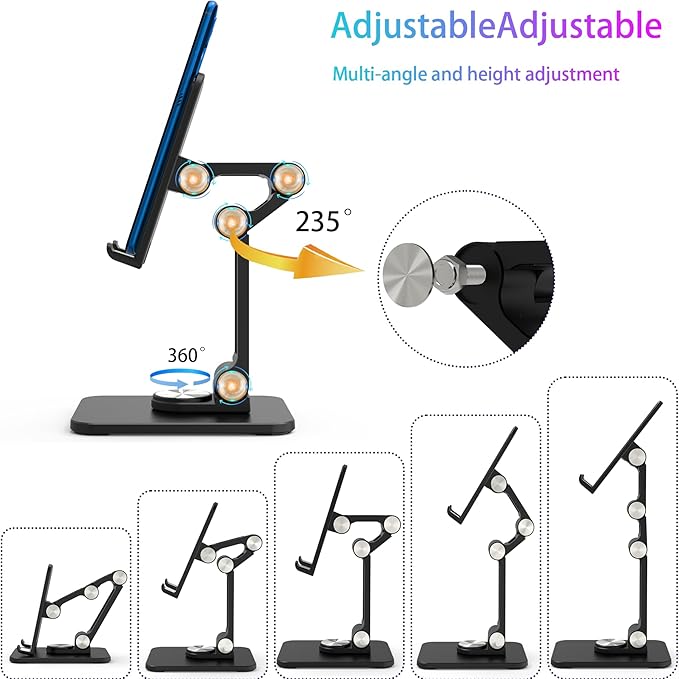 Jusanice 360 Rotating Cell Phone Stand,Folding Phone Stand,Adjustable Height and Angle Foldable Cell Phone Stand Holder for Desk, Taller iPhone Stand Compatible with iPad Smartphones Tablet (Black)