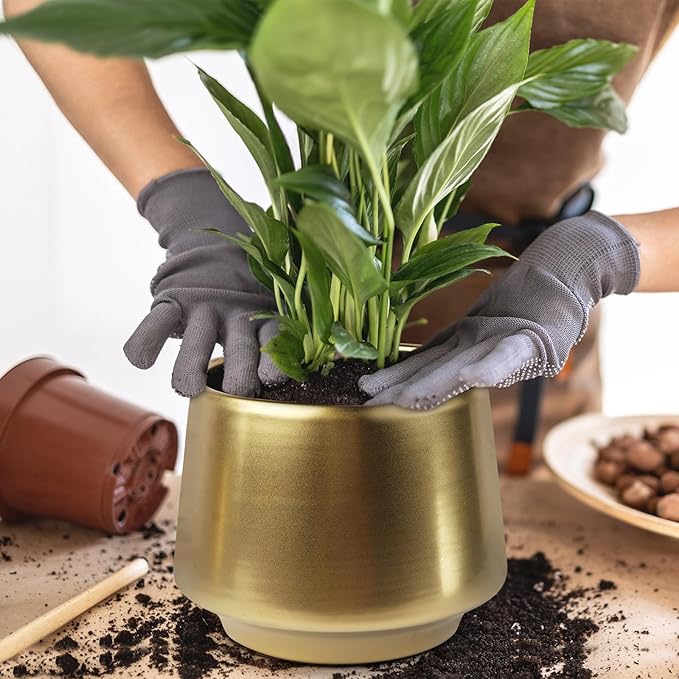 Gold Indoor Plant Pot 7 Inch Large Ceramic Planter With Drainage Hole - Modern Brass Flower Pot Centerpiece Vase - Decorative Greenery Potted for Indoor Plants