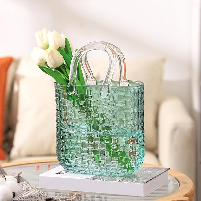 Glass Purse Vase for Flowers, Green Purse Flower Vase, Wide Mouth Glass Bag Vases, 10 Inch Large Handbag Shaped Vases for Home, Office Decor