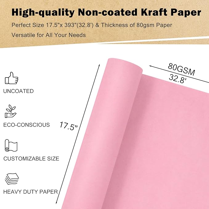 RUSPEPA Kraft Paper Roll - 17.5 inches x 32.8 feet - Recyclable Paper Perfect for Wrapping, Craft, Packing, Floor Covering, Dunnage, Parcel, Table Runner, Pink
