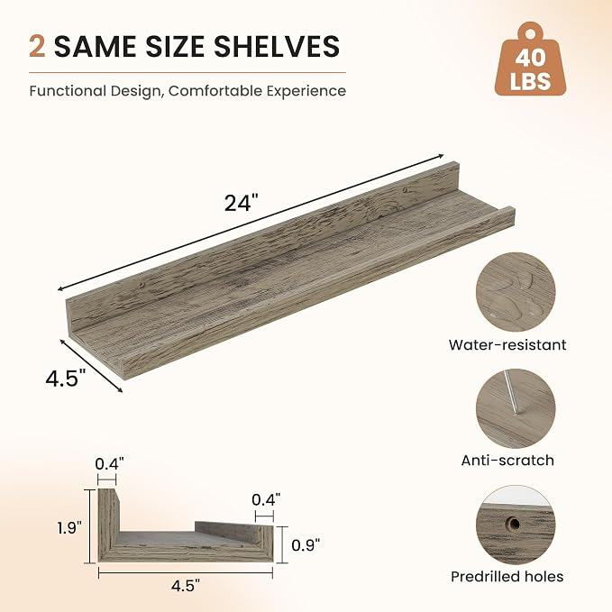 Dreamland Picture Ledge Shelf for Wall, Floating Shelves Set of 2,24 inch Long Floating Shelves with Lip for Living Room,Bedroom,Bathroom,Kitchen,Grey