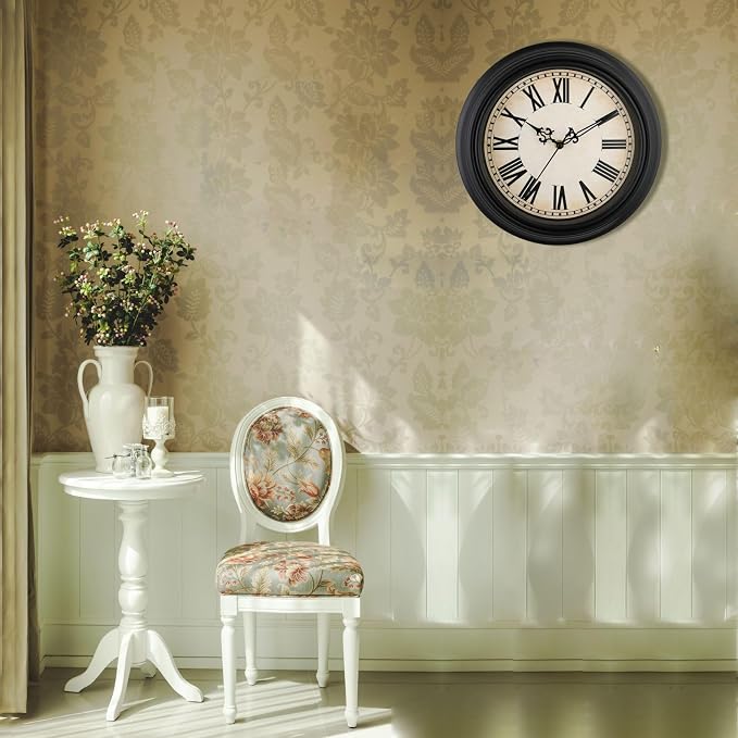Plumeet Extra Large Retro Wall Clock, 16'' Non Ticking Classic Silent Vintage Wall Clocks Decorative Kitchen Living Room Bedroom, Roman Numerals, Battery Operated, Black