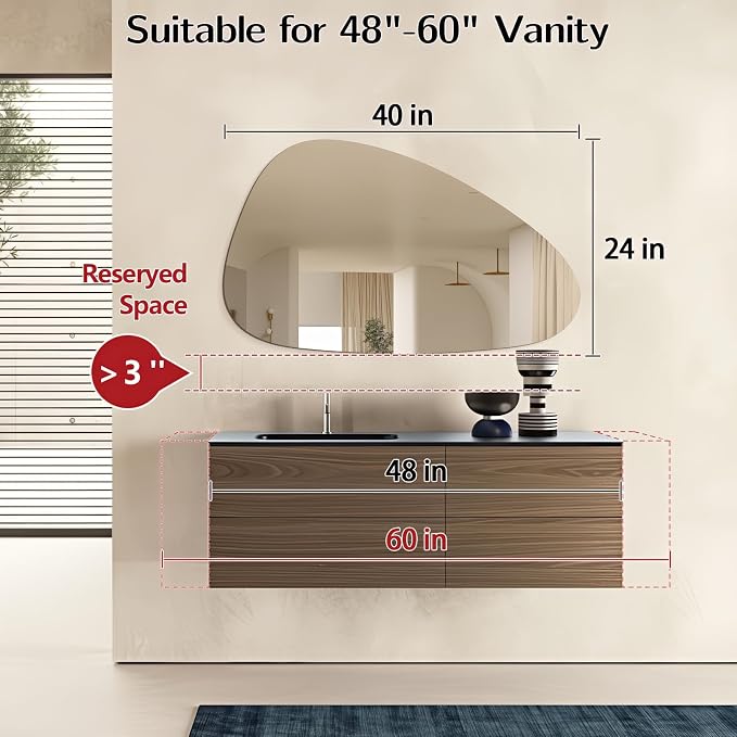 Niccy Irregular Mirror, 24"x40" Asymmetrical Bathroom Mirror, Decorative Modern Mirrors for Bathroom, Bedroom, Living Room, Entryway, Frameless Vanity Mirror, Unique Wall Mounted