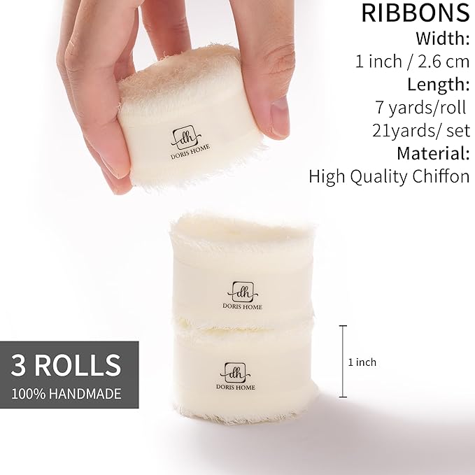 DORIS HOME Cream White Chiffon Ribbon for Flower Bouquet, 1" x21Yd Fabric Ribbon for Gift Wrapping, Handmade Frayed Ribbon for Wedding Invitations/Christmas Decorations