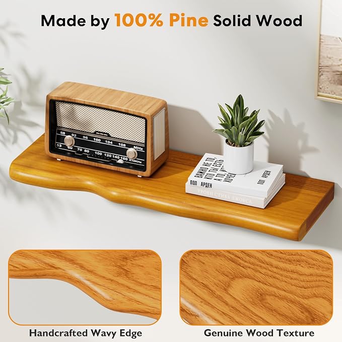 Solid Wood Live Edge Floating Shelves Set of 2 – 24" Rustic Wall Shelf with Hidden Bracket System, Wall Mounted Shelves for Bathroom, Kitchen, Living Room, Bedroom (Honey Walnut)