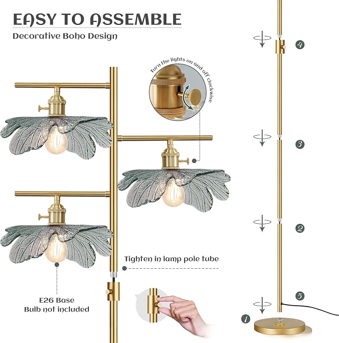 65" Dimmable Gold Floor Lamp, 3-Light Antique Brass Tree Standing Lamp with Dark Green Flower Glass Shade, Rustic Tall Floor Light for Bedroom Corner Living Room Study Office