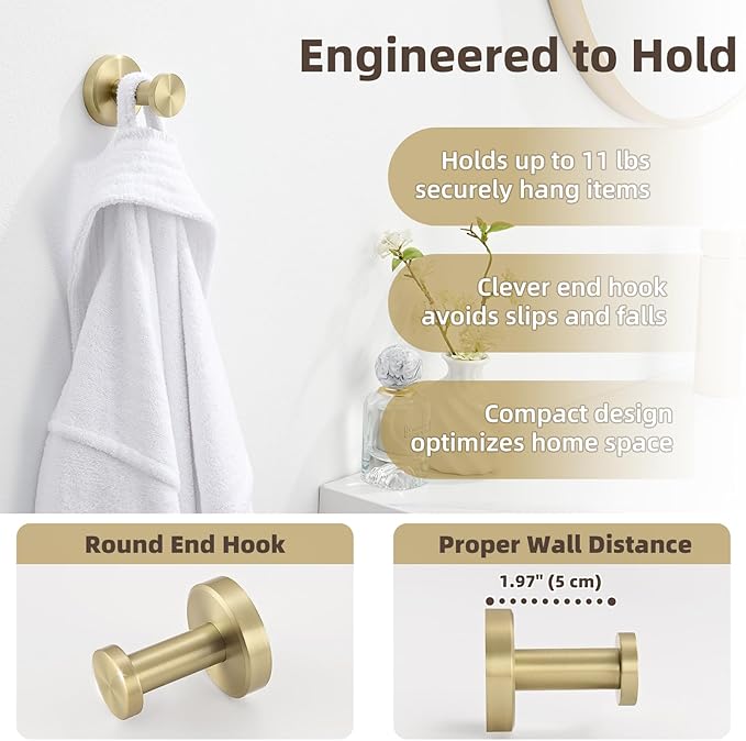 APLusee Brushed Gold Single Robe Wall Hook, 304 Stainless Steel Heavy Duty 11LBS Towel Hanger, Wall Mounted Towel Hook for Bathroom Kitchen Entryway