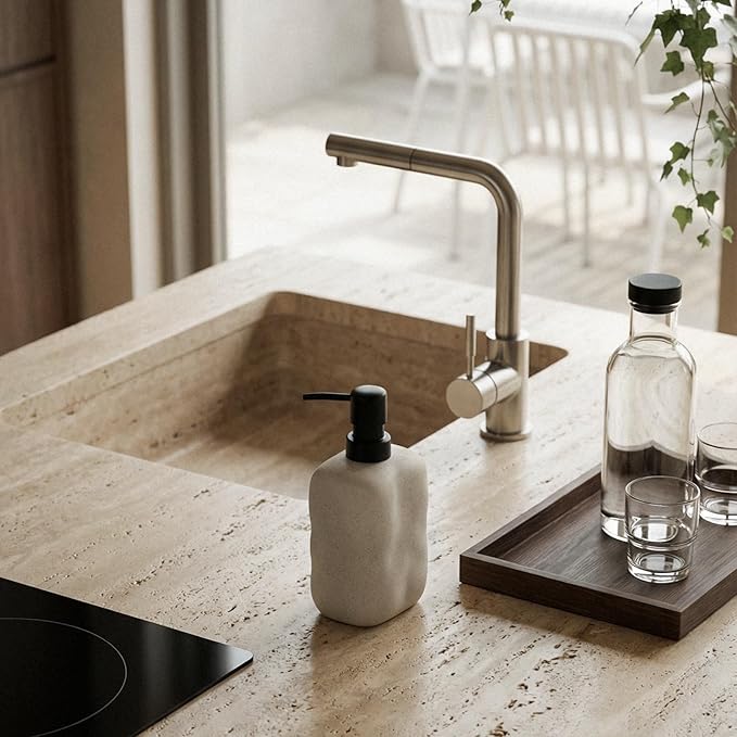 EMPO Ceramic Hand Soap Dispenser with Matte Black Pump, Stone-Textured Wabi-Sabi Liquid Dispenser for Bathroom Vanity and Kitchen Sink (440ml/14.8oz)