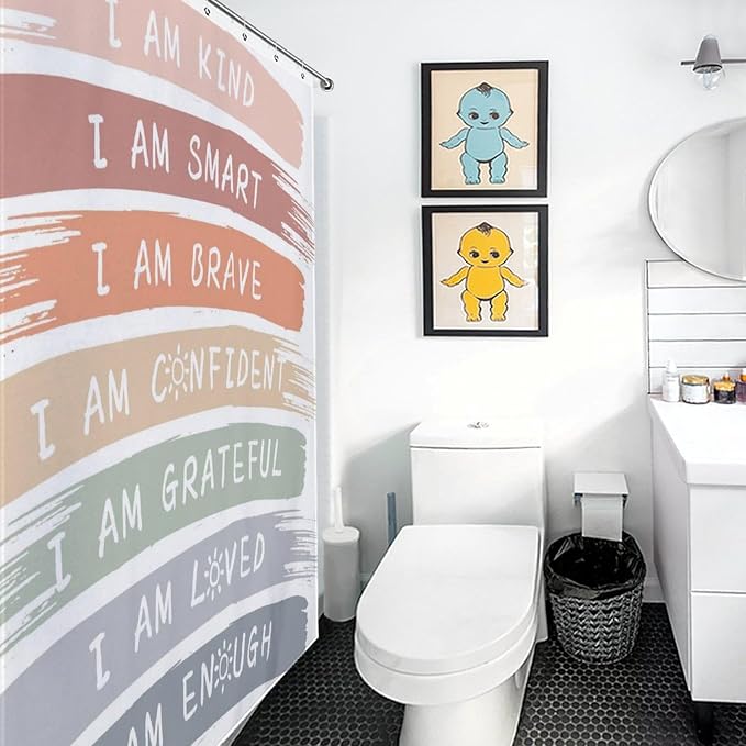 Boho Rainbow Shower Curtain, Cute Inspirational Motivational Quotes Cartoon Rainbow Colorful Pastel for Kids Girls Baby Waterproof Fabric Bathroom Shower Curtain Set with Hooks,72"x78" Inch