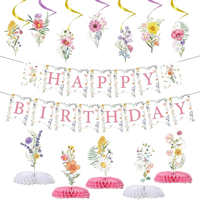 Flower Birthday Decorations for Girls Women, 14PCS Wildflower Floral Happy Birthday Banners Hanging Swirls and Honeycomb Centerpieces Decor Supplies