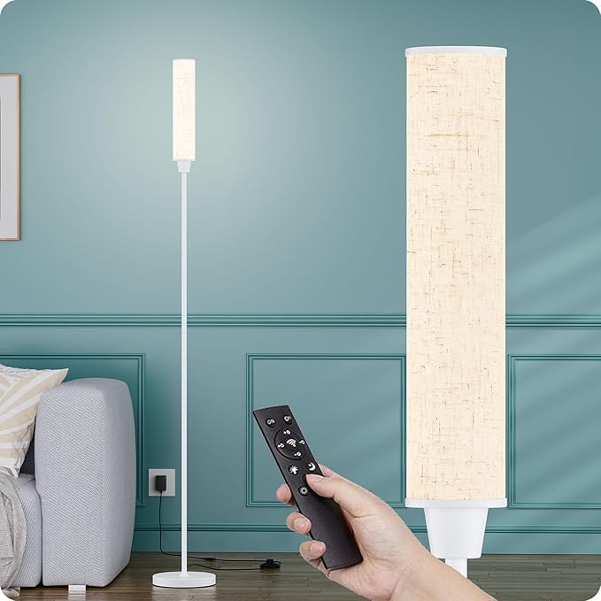 Nukanu Floor Lamp with Remote Control, Floor Lamps for Living Room/Bedroom/Office, Stepless Adjustable 3000K-6000K Colors and 10-100% Brightness,Standing Light with Foot Switch (White+Beige Linen)