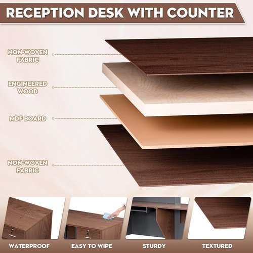 **Skiennix L-Shaped Reception Desk - Modern Wooden Design with Storage Shelves | Brown & Black, 71''L x 42''W x 41''H**