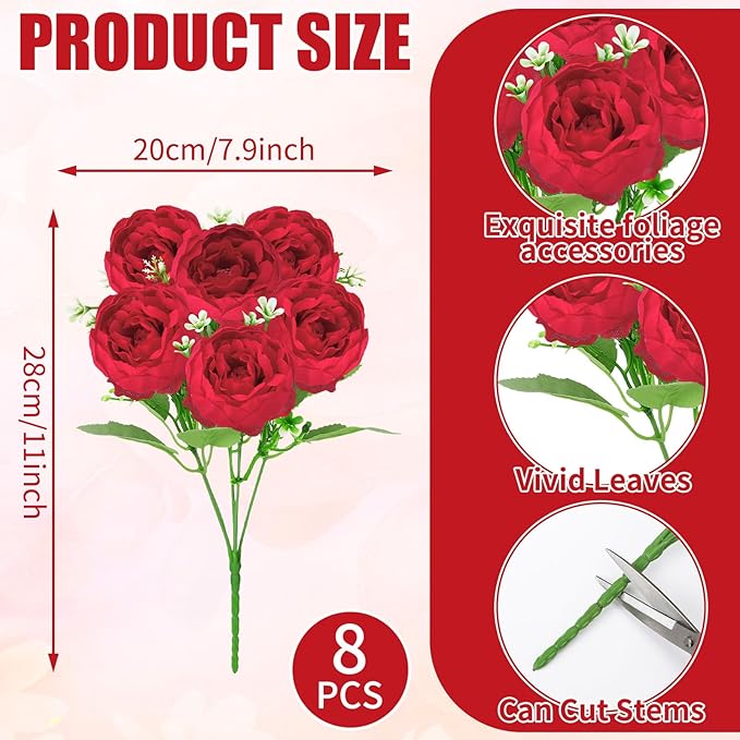 8 Pack Red Peonies Artificial Flowers, Fake Silk Hydrangea Bouquet for Bridal Wedding Home Table Decor Reusable Dining Opening Ceremony Birthday Arrangement Faux Floral