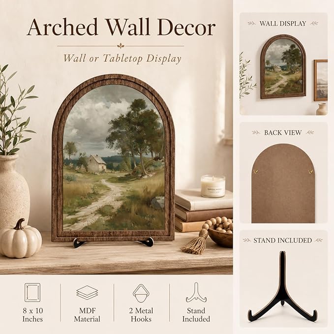 Tabletop Wood Decor Rustic Landscape Sign, Arched Wooden Frame Farmhouse Artwork for Shelf or Desk Display, Vintage Countryside Pictures for Living Room Bathroom Table or Wall Decor